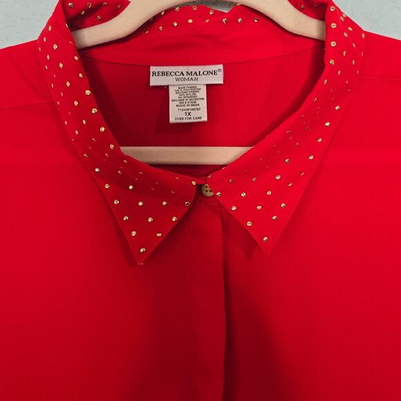 REBECCA MALONE WOMAN Red 1X Button Down Top Blouse Gold Stud Collar Long Sleeve - Picture 4 of 7